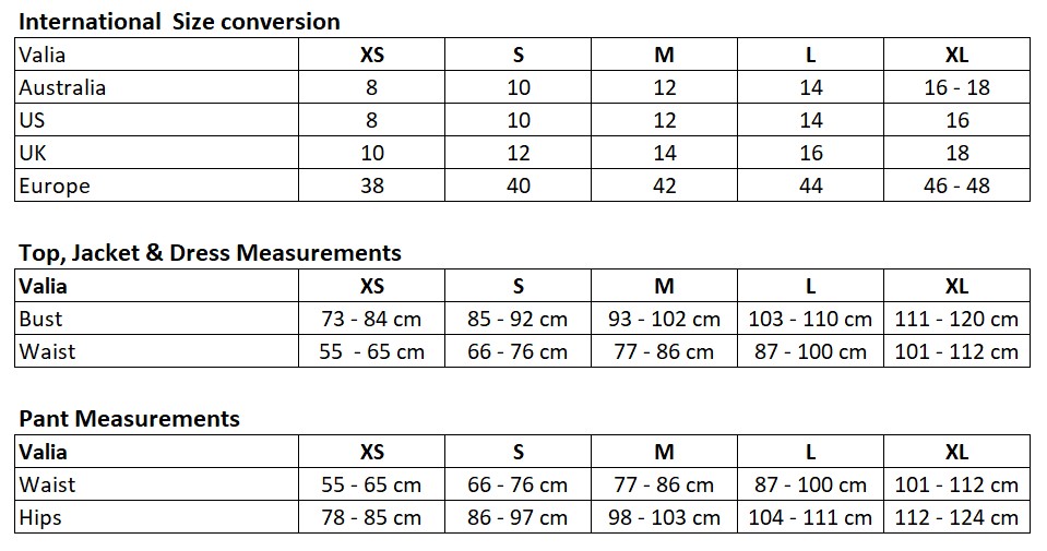 VALIA Melbourne Australia Made Womens Fashion Clothing Online Sizing Chart